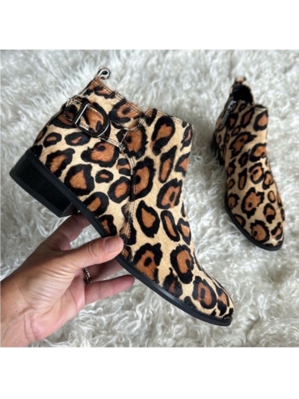 Blondo Tami Leopard Calf Hair Heeled Booties/Boots Sz 7 Waterproof Black Brown